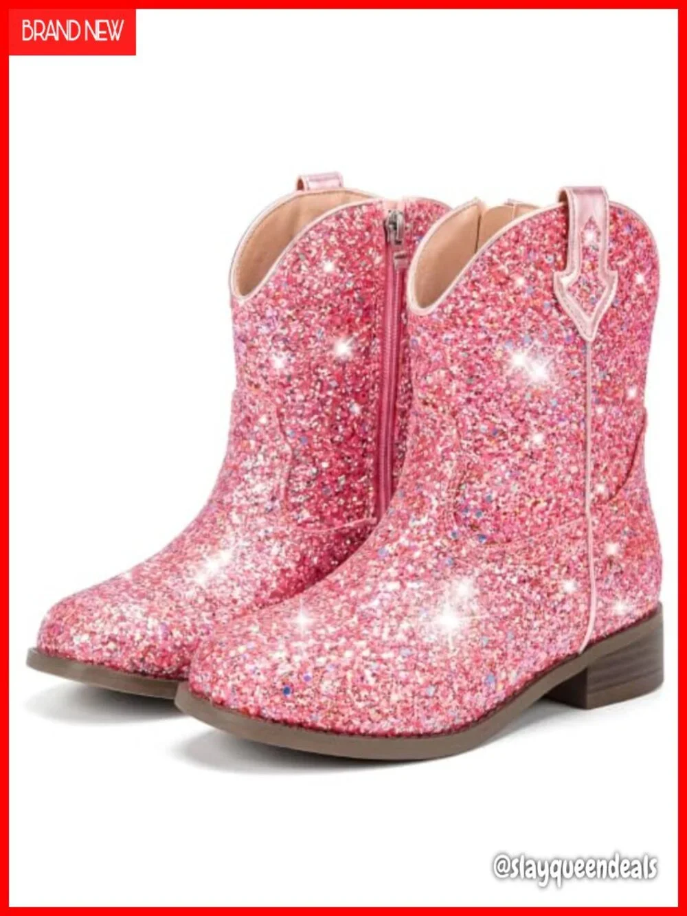 Girls Glitter Cowboy Boots Ankle Western Faux Leather Zip Toddler Kids